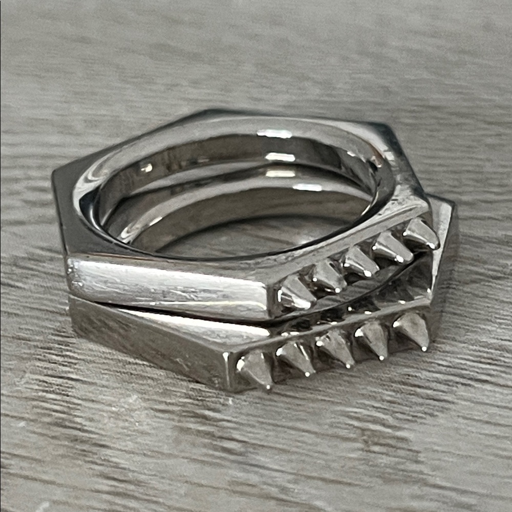 Set of 3 Silver Tone Hexagonal Spike Rings